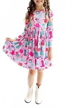 NEW MILA & ROSE christmas cowgirl long sleeve pocket twirl dress in multi